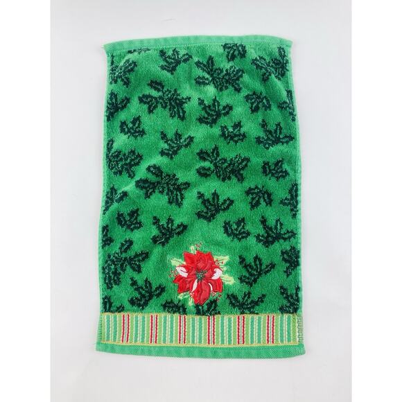 Christmas Towel Set Poinsettia Holly Embroidered Green Bath Body Hand Washcloth - Picture 9 of 13